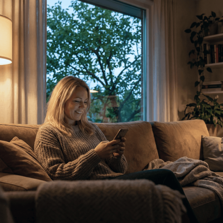 Kvinde sidder i sofaen og udfylder forsikringsoplysninger på telefonen.